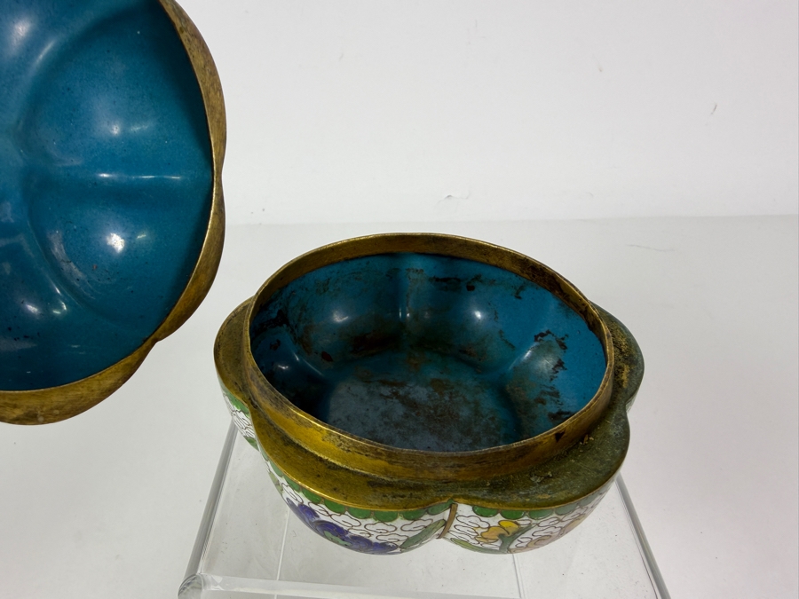 Vintage Chinese Cloisonne Enamel White Ground Pumpkin Shaped Hinged Lidded Trinket Box Featuring Chrysanthemum Blossoms 3'H [Photo 3]