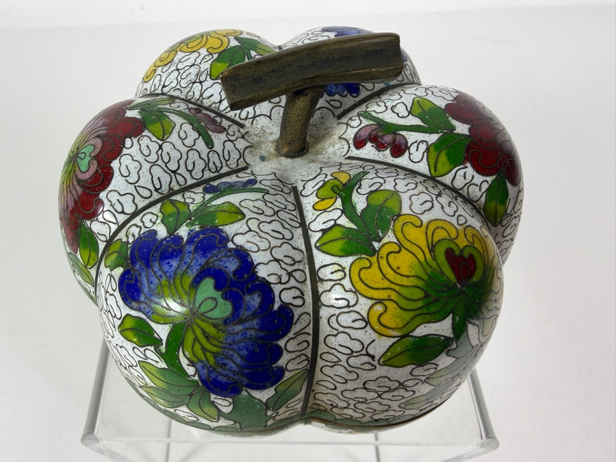 Vintage Chinese Cloisonne Enamel White Ground Pumpkin Shaped Hinged Lidded Trinket Box Featuring Chrysanthemum Blossoms 3'H [Photo 2]