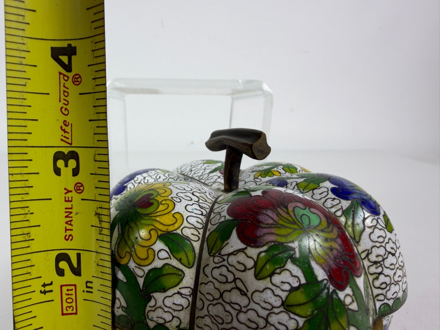Vintage Chinese Cloisonne Enamel White Ground Pumpkin Shaped Hinged Lidded Trinket Box Featuring Chrysanthemum Blossoms 3'H [Photo 5]