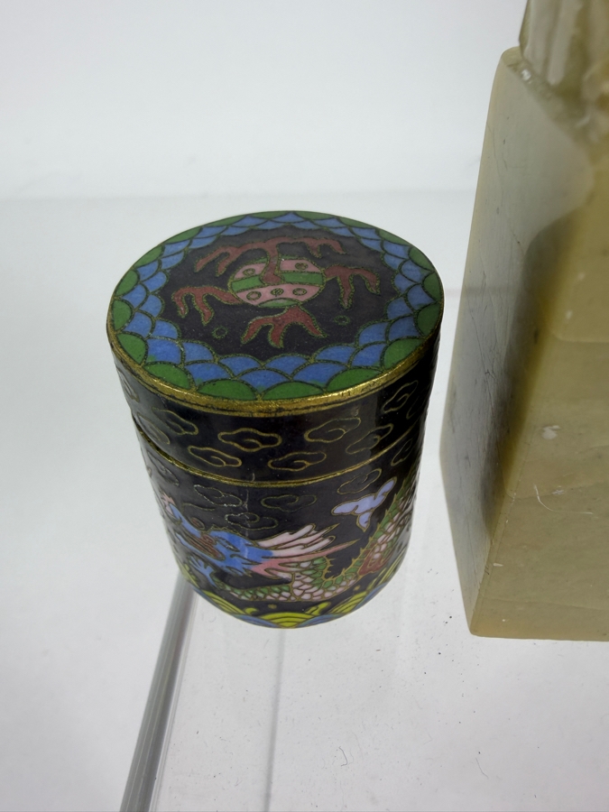 Vintage Chinese Hand Carved Jadeite Buddha Signature Seal Column Grouped With Two Miniature Cloisonne Enamel Trinket Lidded Boxes 1.5'H - 3'H [Photo 4]