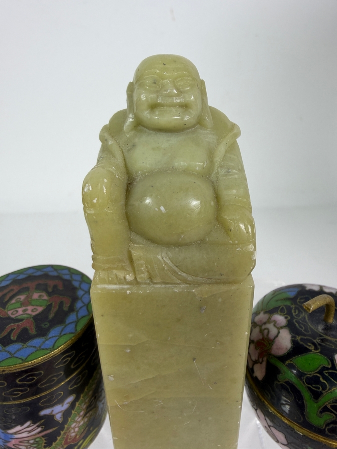 Vintage Chinese Hand Carved Jadeite Buddha Signature Seal Column Grouped With Two Miniature Cloisonne Enamel Trinket Lidded Boxes 1.5'H - 3'H [Photo 2]