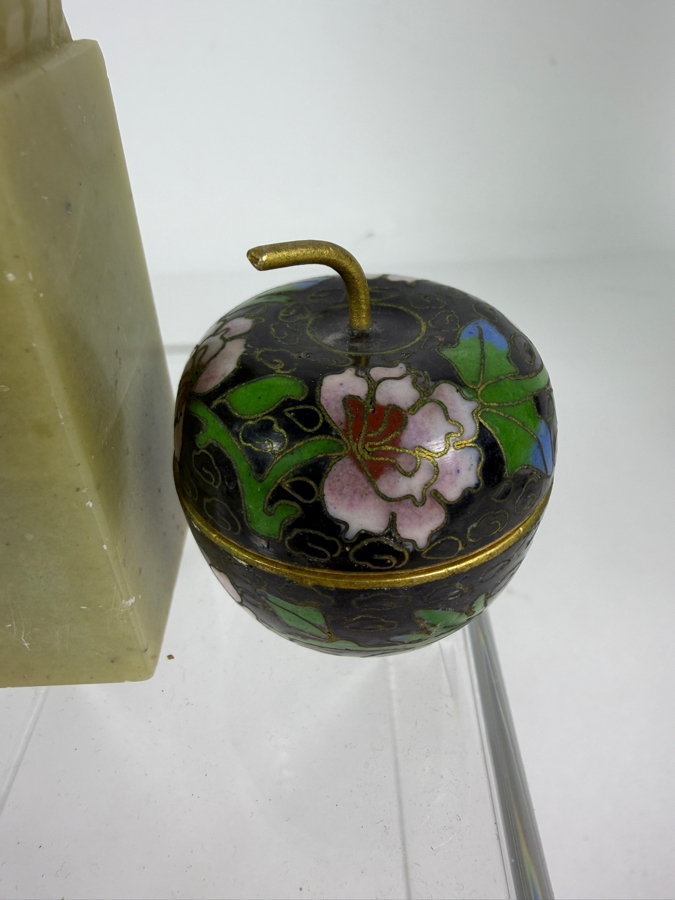 Vintage Chinese Hand Carved Jadeite Buddha Signature Seal Column Grouped With Two Miniature Cloisonne Enamel Trinket Lidded Boxes 1.5'H - 3'H [Photo 5]