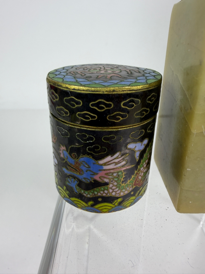 Vintage Chinese Hand Carved Jadeite Buddha Signature Seal Column Grouped With Two Miniature Cloisonne Enamel Trinket Lidded Boxes 1.5'H - 3'H [Photo 3]