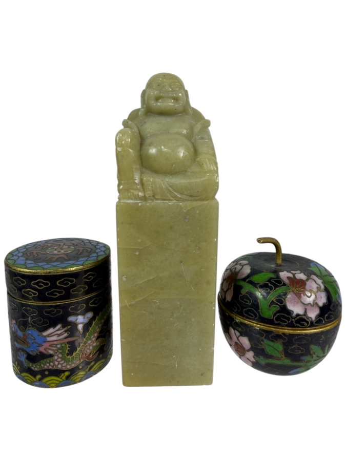 Vintage Chinese Hand Carved Jadeite Buddha Signature Seal Column Grouped With Two Miniature Cloisonne Enamel Trinket Lidded Boxes 1.5'H - 3'H