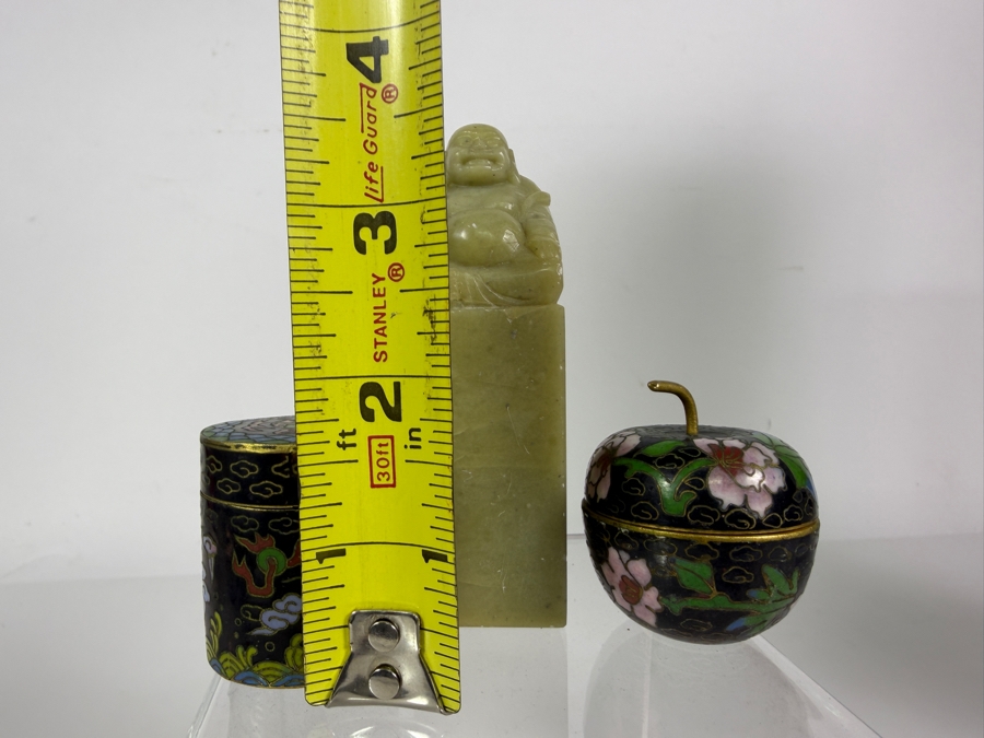 Vintage Chinese Hand Carved Jadeite Buddha Signature Seal Column Grouped With Two Miniature Cloisonne Enamel Trinket Lidded Boxes 1.5'H - 3'H [Photo 7]
