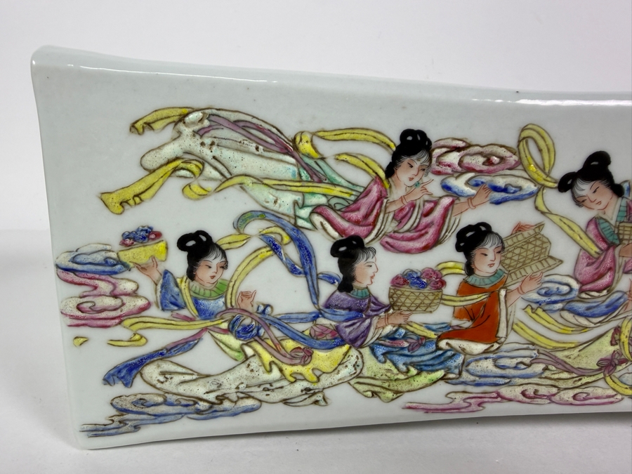 Impressive Vintage Chinese Famille Rose Porcelain Curved Opium Pillow Featuring Hand Painted Immortals And Calligraphy Inscriptions 15'W X 4'D X 3.75'H [Photo 4]