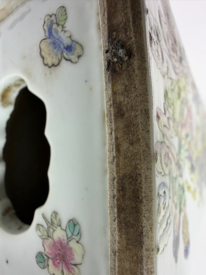 Impressive Vintage Chinese Famille Rose Porcelain Curved Opium Pillow Featuring Hand Painted Immortals And Calligraphy Inscriptions 15'W X 4'D X 3.75'H [Photo 28]