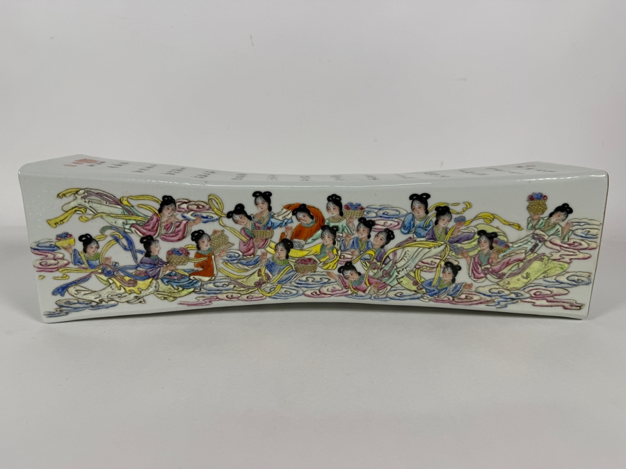 Impressive Vintage Chinese Famille Rose Porcelain Curved Opium Pillow Featuring Hand Painted Immortals And Calligraphy Inscriptions 15'W X 4'D X 3.75'H [Photo 2]