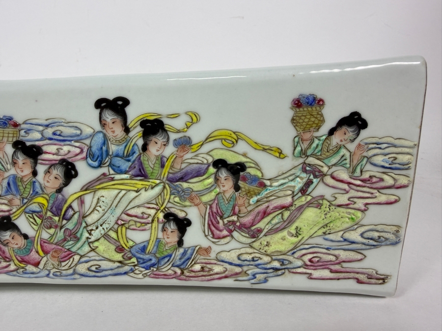Impressive Vintage Chinese Famille Rose Porcelain Curved Opium Pillow Featuring Hand Painted Immortals And Calligraphy Inscriptions 15'W X 4'D X 3.75'H [Photo 5]