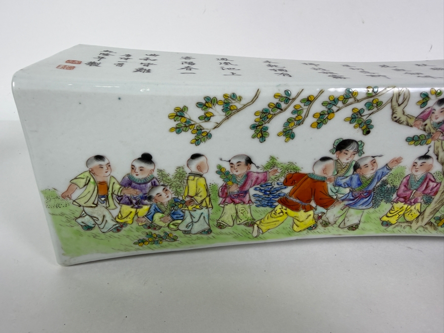 Impressive Vintage Chinese Famille Rose Porcelain Curved Opium Pillow Featuring Hand Painted Immortals And Calligraphy Inscriptions 15'W X 4'D X 3.75'H [Photo 14]