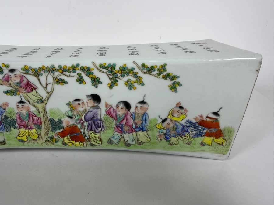 Impressive Vintage Chinese Famille Rose Porcelain Curved Opium Pillow Featuring Hand Painted Immortals And Calligraphy Inscriptions 15'W X 4'D X 3.75'H [Photo 15]