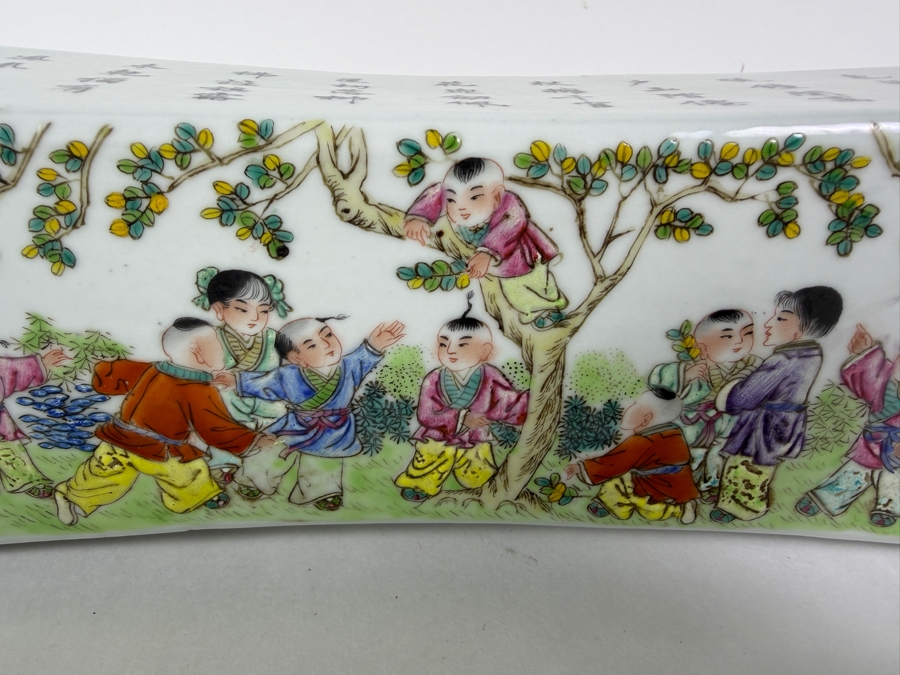 Impressive Vintage Chinese Famille Rose Porcelain Curved Opium Pillow Featuring Hand Painted Immortals And Calligraphy Inscriptions 15'W X 4'D X 3.75'H [Photo 13]