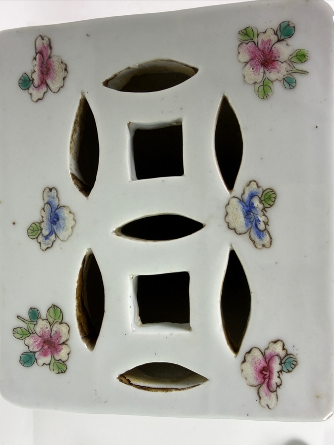 Impressive Vintage Chinese Famille Rose Porcelain Curved Opium Pillow Featuring Hand Painted Immortals And Calligraphy Inscriptions 15'W X 4'D X 3.75'H [Photo 24]
