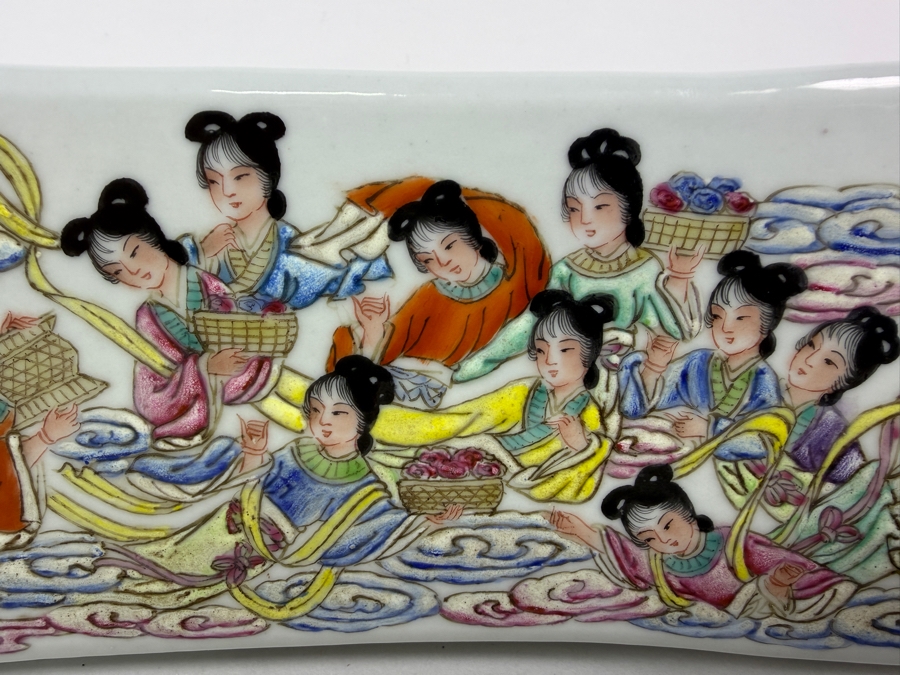 Impressive Vintage Chinese Famille Rose Porcelain Curved Opium Pillow Featuring Hand Painted Immortals And Calligraphy Inscriptions 15'W X 4'D X 3.75'H [Photo 3]