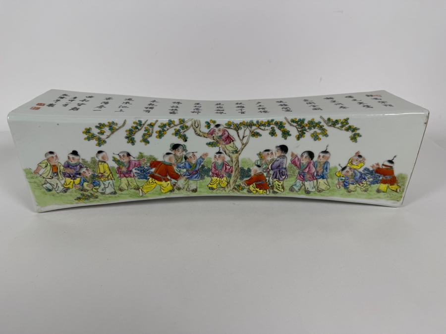 Impressive Vintage Chinese Famille Rose Porcelain Curved Opium Pillow Featuring Hand Painted Immortals And Calligraphy Inscriptions 15'W X 4'D X 3.75'H [Photo 12]