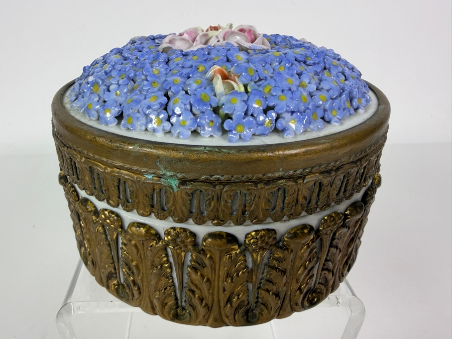 Vintage German Dresden Style Porcelain Lidded Powder Dresser Box Featuring Encrusted Forget Me Nots Roses And Ornate Gilt Metal Mounts 5'W X 3'H [Photo 3]