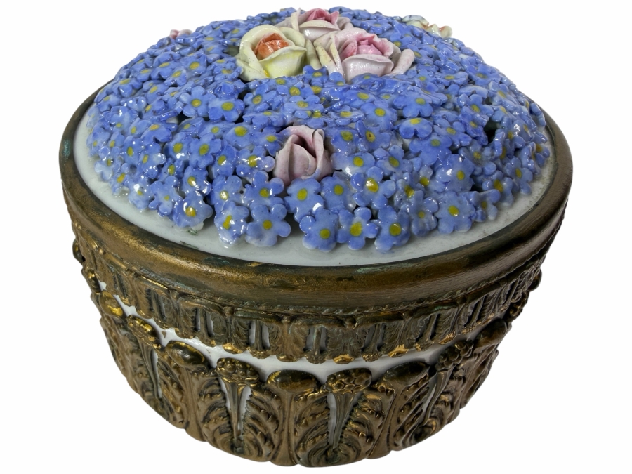 Vintage German Dresden Style Porcelain Lidded Powder Dresser Box Featuring Encrusted Forget Me Nots Roses And Ornate Gilt Metal Mounts 5'W X 3'H