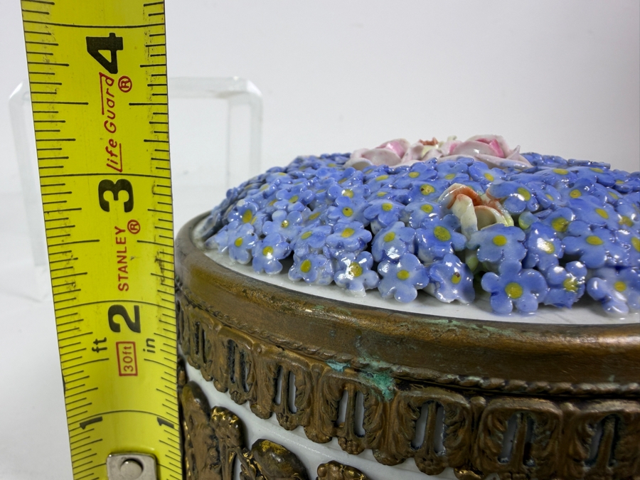 Vintage German Dresden Style Porcelain Lidded Powder Dresser Box Featuring Encrusted Forget Me Nots Roses And Ornate Gilt Metal Mounts 5'W X 3'H [Photo 10]
