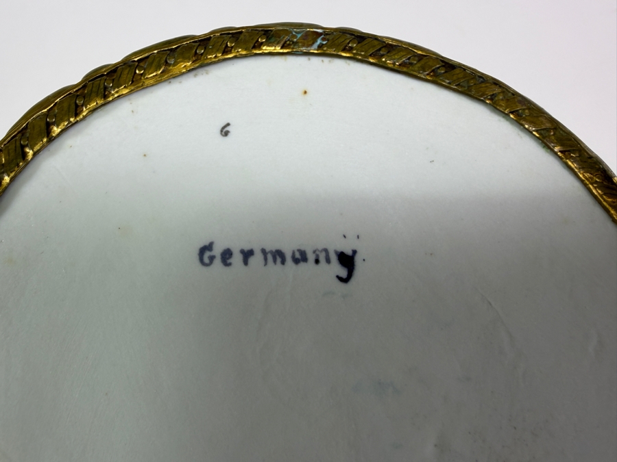 Vintage German Dresden Style Porcelain Lidded Powder Dresser Box Featuring Encrusted Forget Me Nots Roses And Ornate Gilt Metal Mounts 5'W X 3'H [Photo 8]