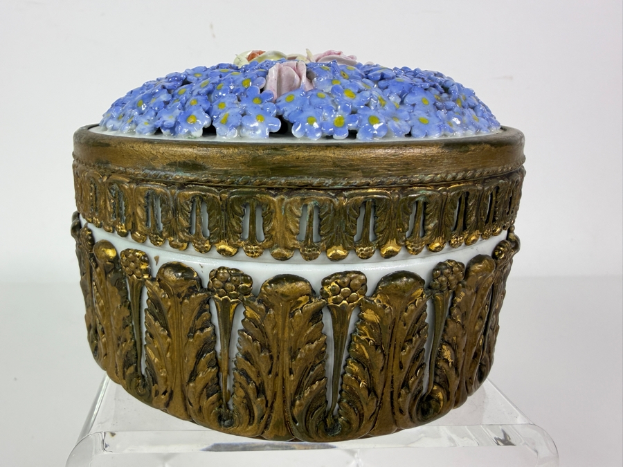 Vintage German Dresden Style Porcelain Lidded Powder Dresser Box Featuring Encrusted Forget Me Nots Roses And Ornate Gilt Metal Mounts 5'W X 3'H [Photo 2]