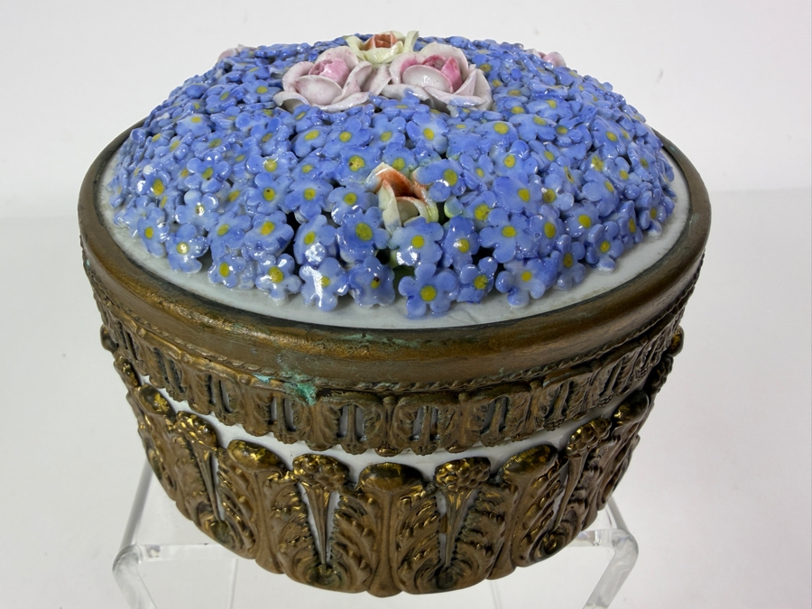Vintage German Dresden Style Porcelain Lidded Powder Dresser Box Featuring Encrusted Forget Me Nots Roses And Ornate Gilt Metal Mounts 5'W X 3'H [Photo 4]