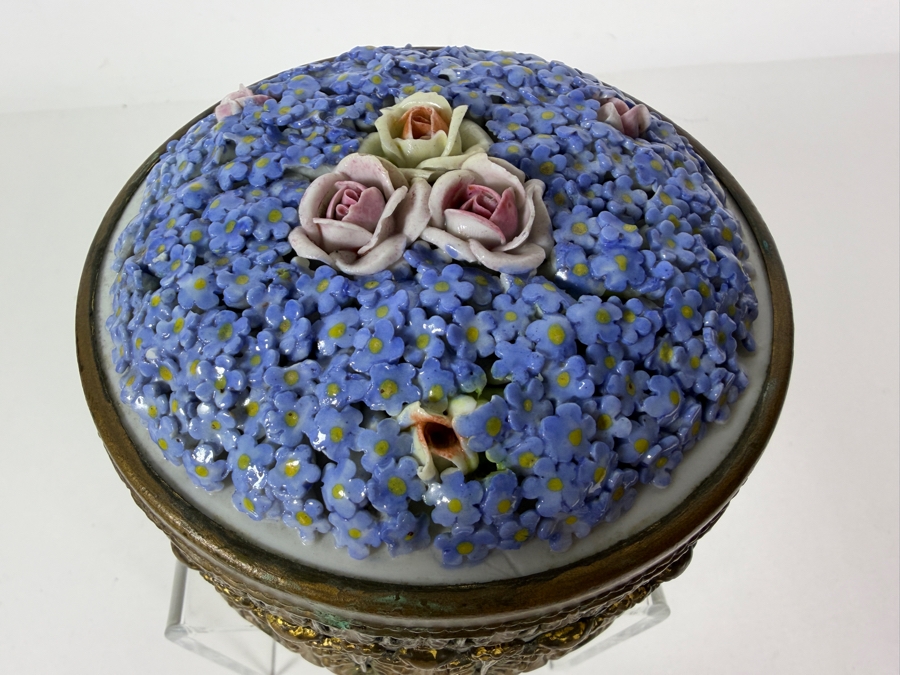 Vintage German Dresden Style Porcelain Lidded Powder Dresser Box Featuring Encrusted Forget Me Nots Roses And Ornate Gilt Metal Mounts 5'W X 3'H [Photo 5]