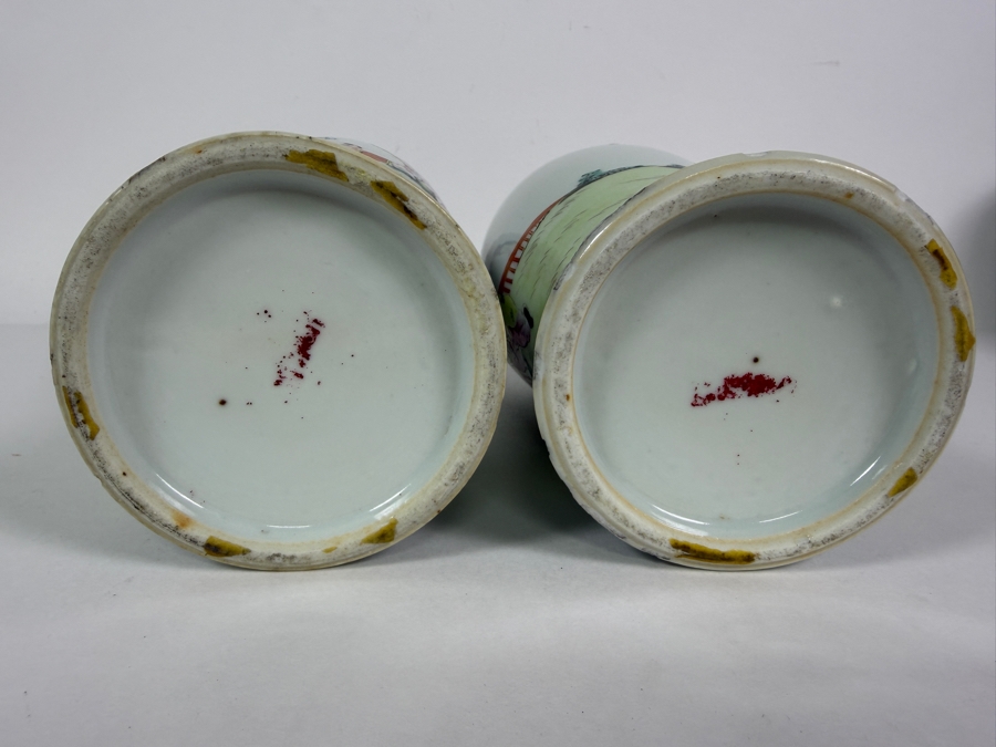 Pair Of Vintage Chinese Famille Rose Porcelain Rouleau Bottles Vases Featuring Hand Painted Court Ladies And Playing Boys 10.25'H [Photo 11]
