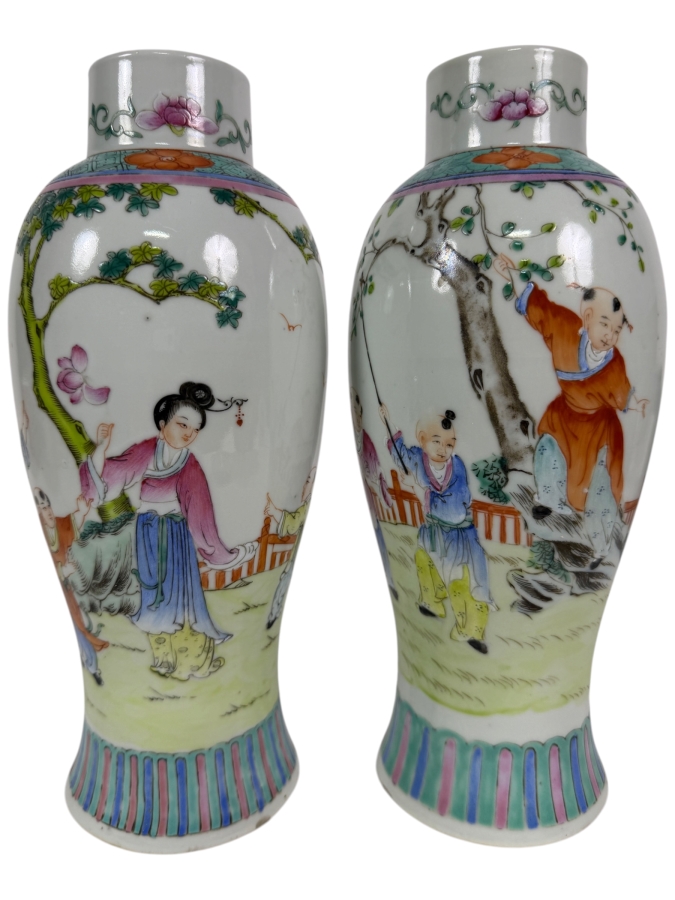Pair Of Vintage Chinese Famille Rose Porcelain Rouleau Bottles Vases Featuring Hand Painted Court Ladies And Playing Boys 10.25'H