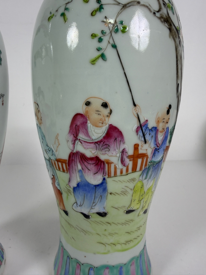 Pair Of Vintage Chinese Famille Rose Porcelain Rouleau Bottles Vases Featuring Hand Painted Court Ladies And Playing Boys 10.25'H [Photo 9]