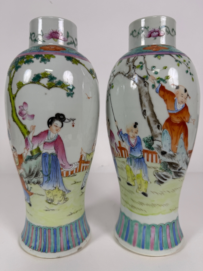 Pair Of Vintage Chinese Famille Rose Porcelain Rouleau Bottles Vases Featuring Hand Painted Court Ladies And Playing Boys 10.25'H [Photo 2]