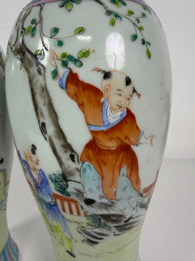 Pair Of Vintage Chinese Famille Rose Porcelain Rouleau Bottles Vases Featuring Hand Painted Court Ladies And Playing Boys 10.25'H [Photo 4]