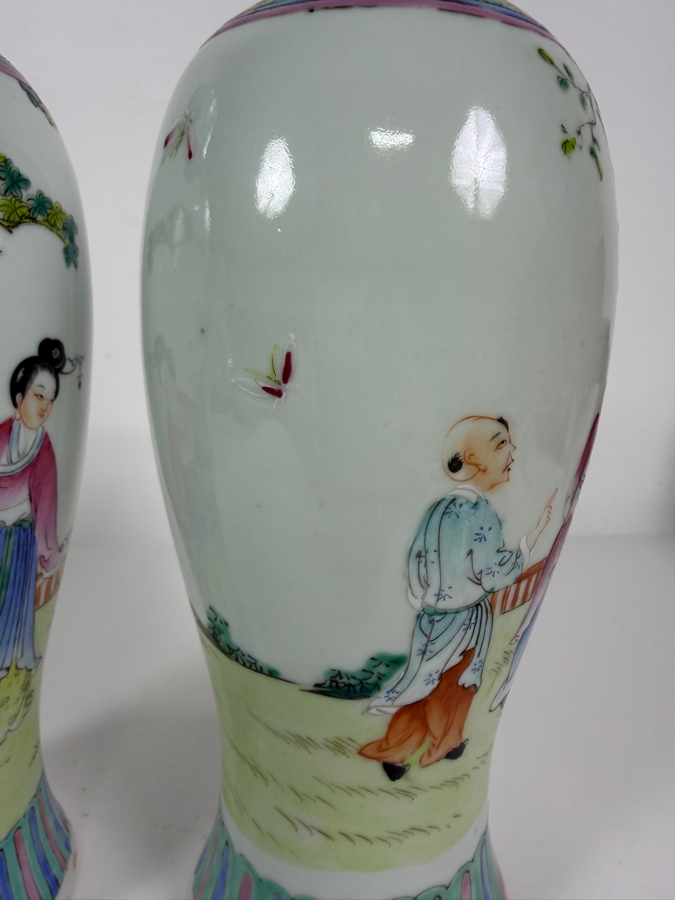 Pair Of Vintage Chinese Famille Rose Porcelain Rouleau Bottles Vases Featuring Hand Painted Court Ladies And Playing Boys 10.25'H [Photo 10]