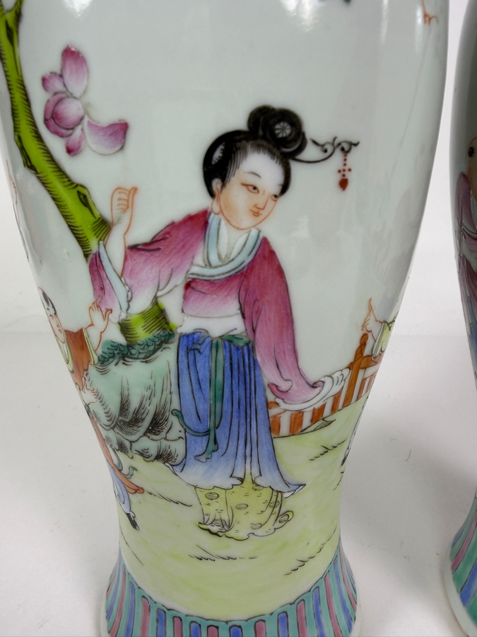 Pair Of Vintage Chinese Famille Rose Porcelain Rouleau Bottles Vases Featuring Hand Painted Court Ladies And Playing Boys 10.25'H [Photo 6]