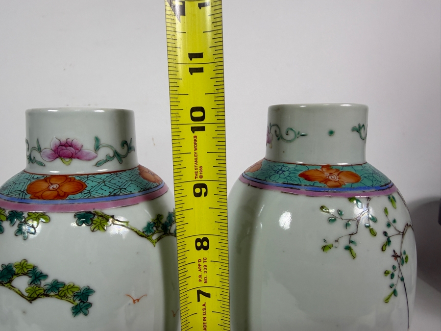 Pair Of Vintage Chinese Famille Rose Porcelain Rouleau Bottles Vases Featuring Hand Painted Court Ladies And Playing Boys 10.25'H [Photo 13]