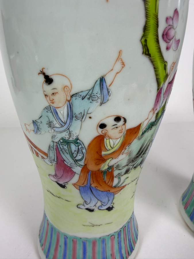 Pair Of Vintage Chinese Famille Rose Porcelain Rouleau Bottles Vases Featuring Hand Painted Court Ladies And Playing Boys 10.25'H [Photo 8]