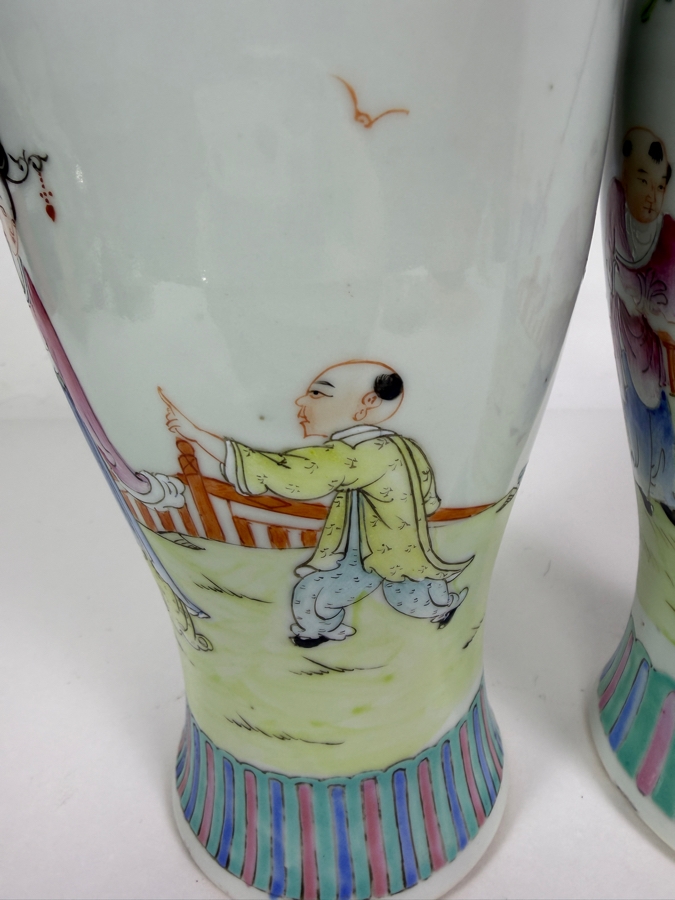Pair Of Vintage Chinese Famille Rose Porcelain Rouleau Bottles Vases Featuring Hand Painted Court Ladies And Playing Boys 10.25'H [Photo 7]