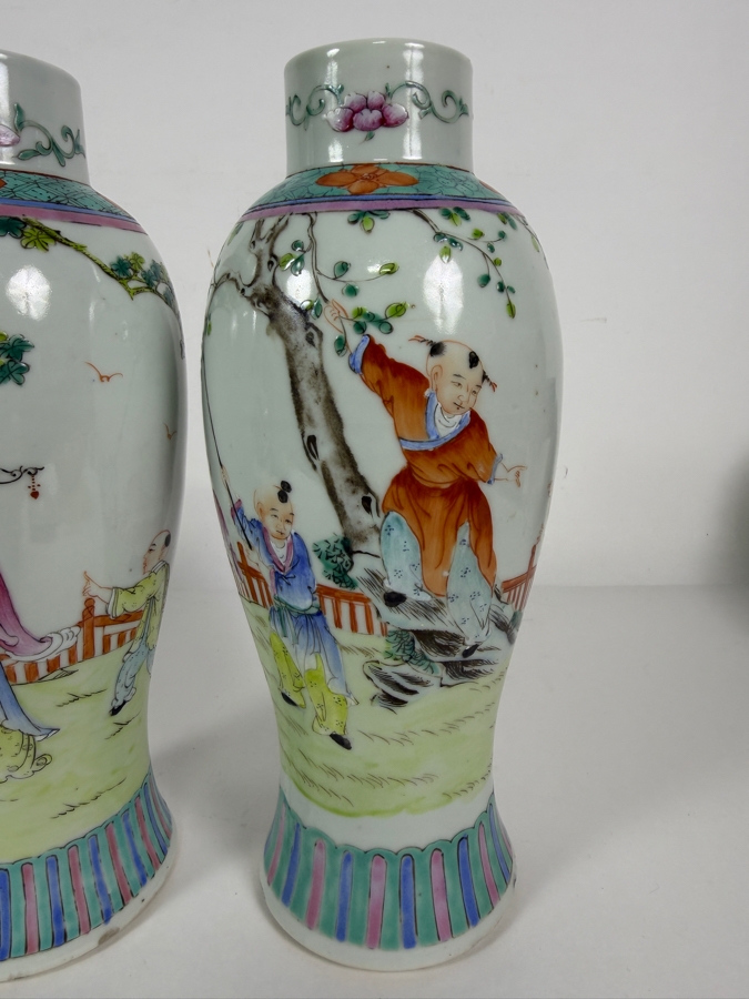 Pair Of Vintage Chinese Famille Rose Porcelain Rouleau Bottles Vases Featuring Hand Painted Court Ladies And Playing Boys 10.25'H [Photo 3]