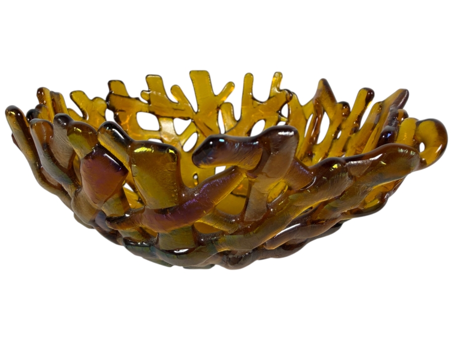 Contemporary Handcrafted Amber Iridescent Fused Glass Coral Reef Centerpiece Bowl Signed Niehorn 5'W X 2.5'H [Photo 2]