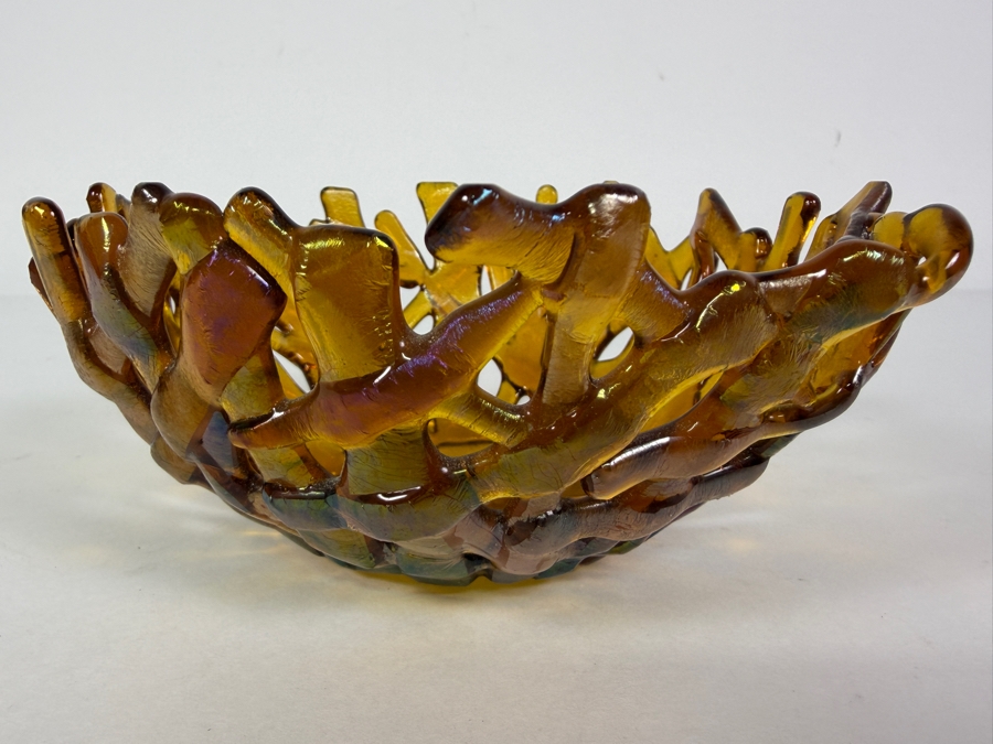 Contemporary Handcrafted Amber Iridescent Fused Glass Coral Reef Centerpiece Bowl Signed Niehorn 5'W X 2.5'H [Photo 3]