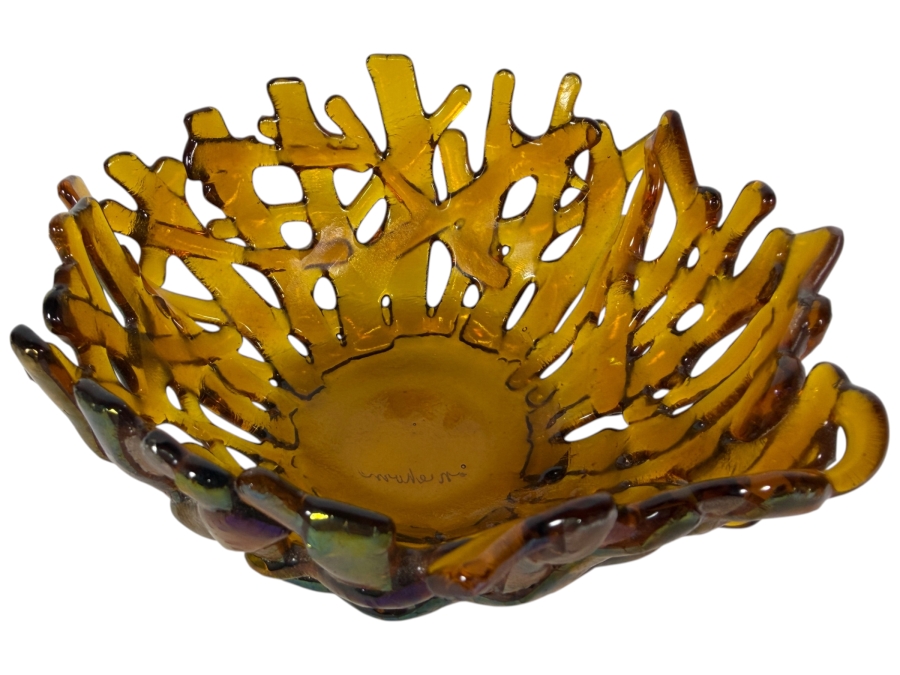 Contemporary Handcrafted Amber Iridescent Fused Glass Coral Reef Centerpiece Bowl Signed Niehorn 5'W X 2.5'H