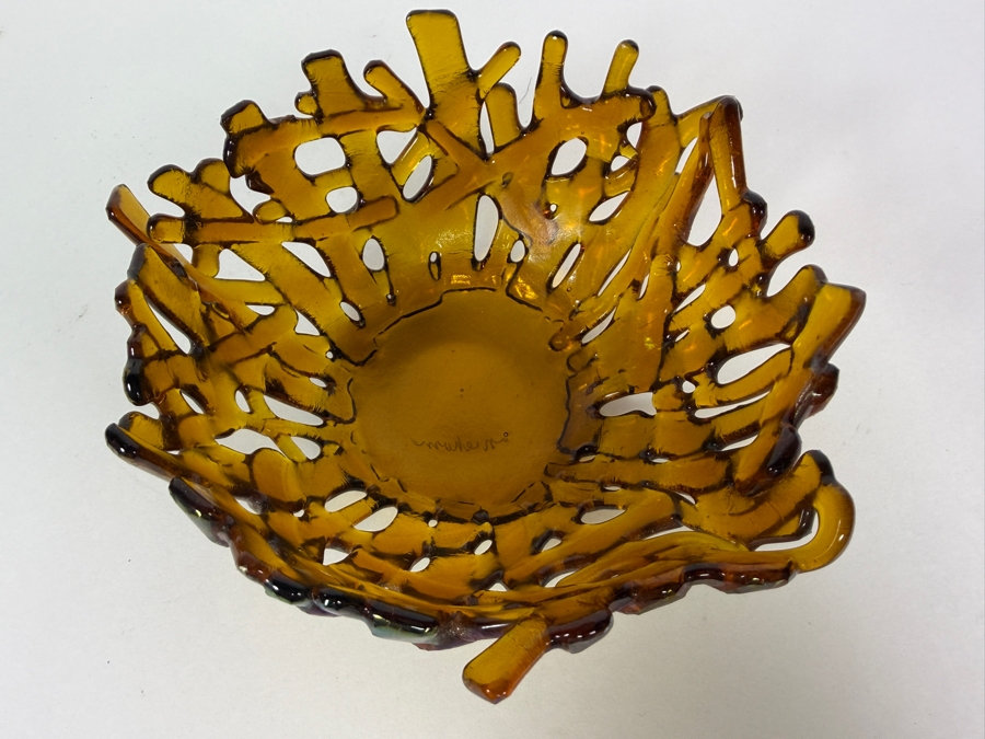 Contemporary Handcrafted Amber Iridescent Fused Glass Coral Reef Centerpiece Bowl Signed Niehorn 5'W X 2.5'H [Photo 6]