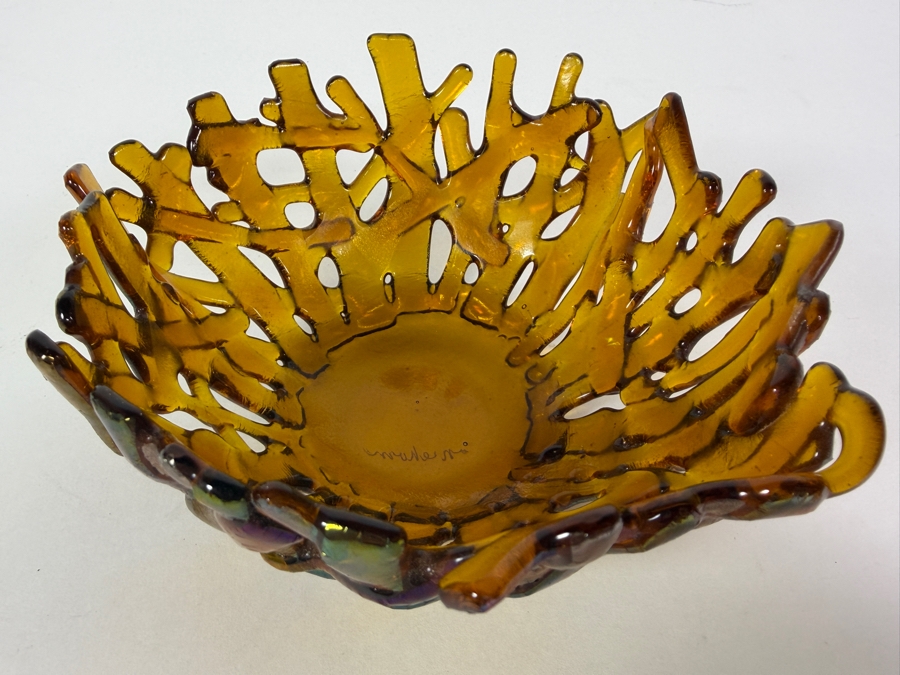 Contemporary Handcrafted Amber Iridescent Fused Glass Coral Reef Centerpiece Bowl Signed Niehorn 5'W X 2.5'H [Photo 5]