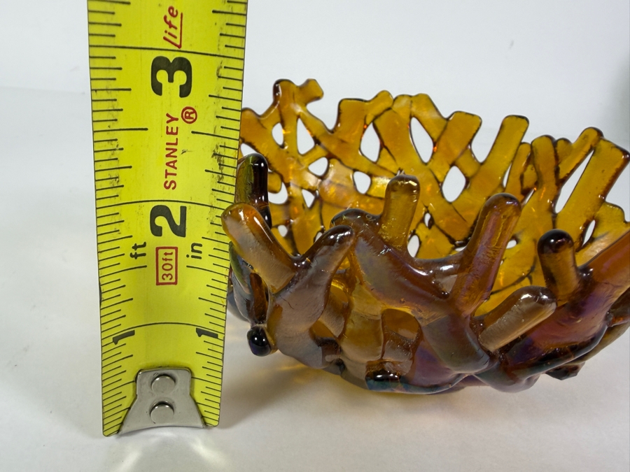 Contemporary Handcrafted Amber Iridescent Fused Glass Coral Reef Centerpiece Bowl Signed Niehorn 5'W X 2.5'H [Photo 12]