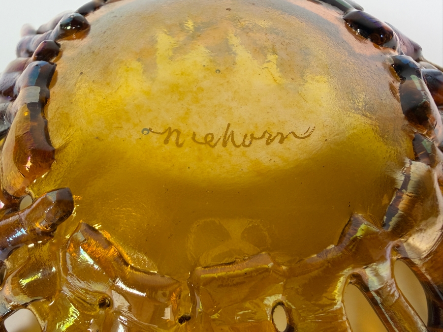 Contemporary Handcrafted Amber Iridescent Fused Glass Coral Reef Centerpiece Bowl Signed Niehorn 5'W X 2.5'H [Photo 9]