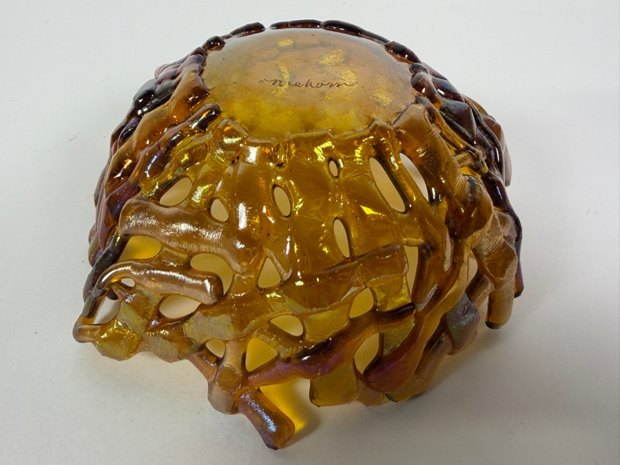 Contemporary Handcrafted Amber Iridescent Fused Glass Coral Reef Centerpiece Bowl Signed Niehorn 5'W X 2.5'H [Photo 8]
