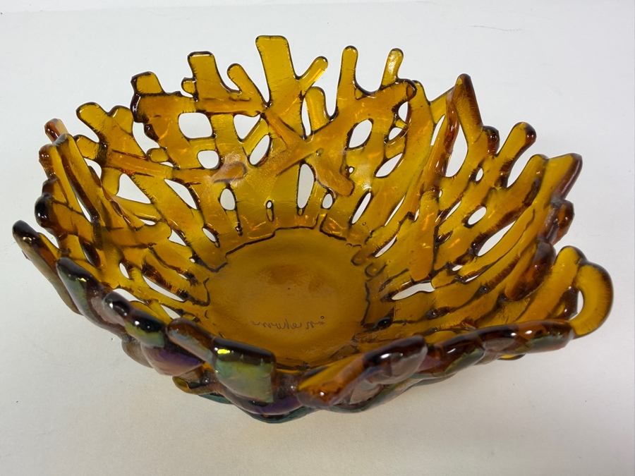 Contemporary Handcrafted Amber Iridescent Fused Glass Coral Reef Centerpiece Bowl Signed Niehorn 5'W X 2.5'H [Photo 4]