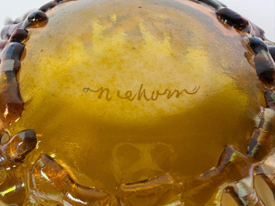 Contemporary Handcrafted Amber Iridescent Fused Glass Coral Reef Centerpiece Bowl Signed Niehorn 5'W X 2.5'H [Photo 10]