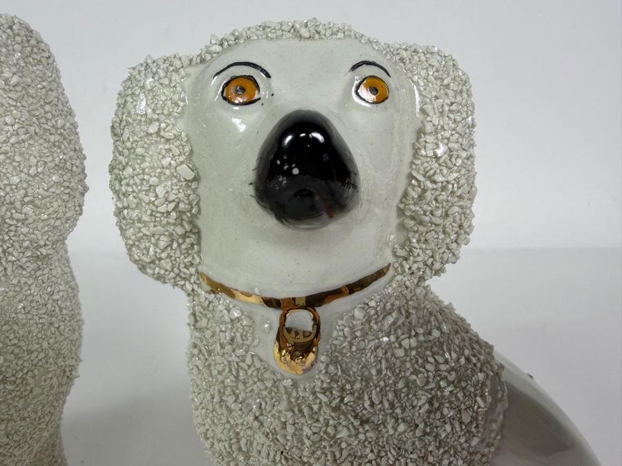 Pair Of Antique Staffordshire Porcelain Confetti Poodle Mantel Dog Figurines With Gilt Collars 7'H [Photo 4]