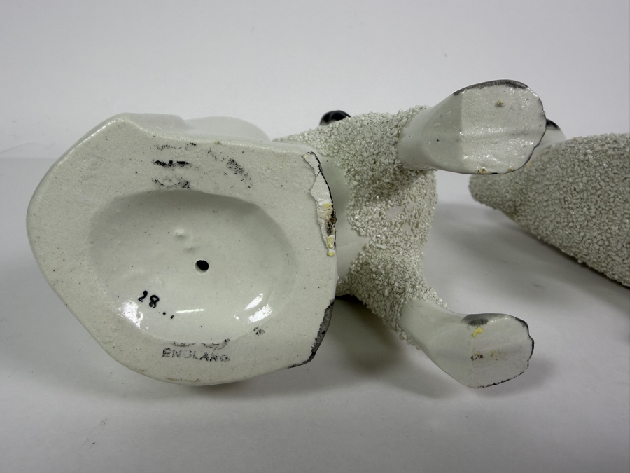 Pair Of Antique Staffordshire Porcelain Confetti Poodle Mantel Dog Figurines With Gilt Collars 7'H [Photo 11]