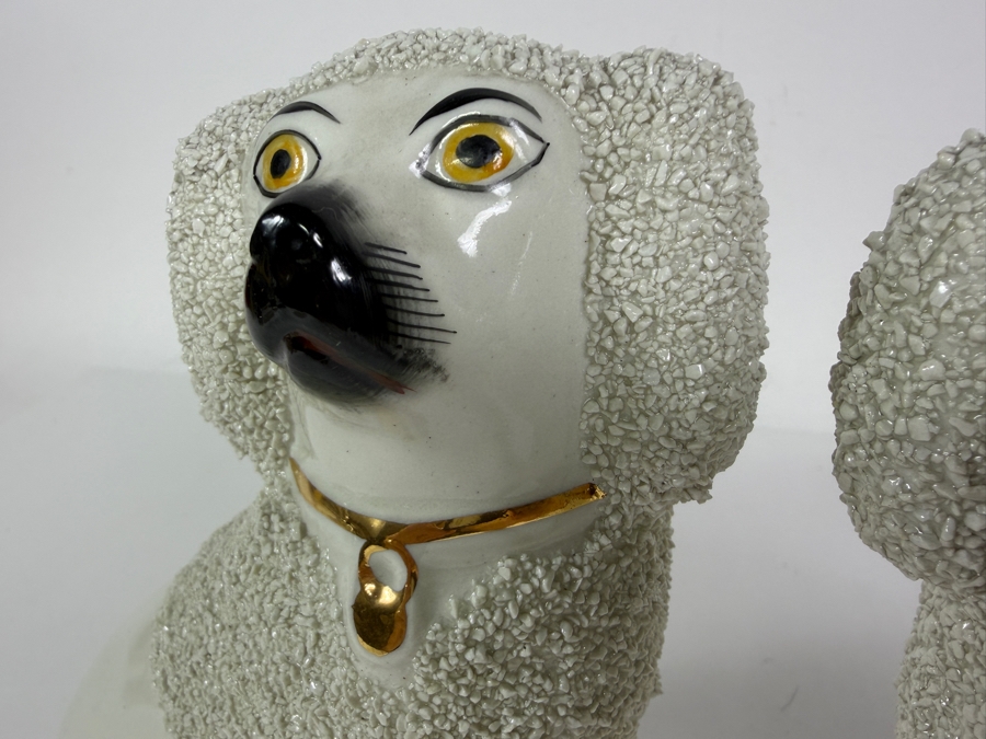 Pair Of Antique Staffordshire Porcelain Confetti Poodle Mantel Dog Figurines With Gilt Collars 7'H [Photo 5]